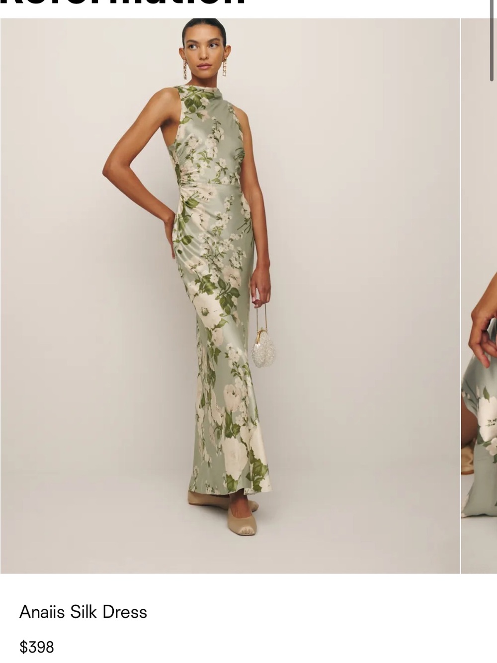 Reformation Anaiis Sage Green Floral Satin Cowl Maxi Dress in Tarragon - Picture 7 of 7